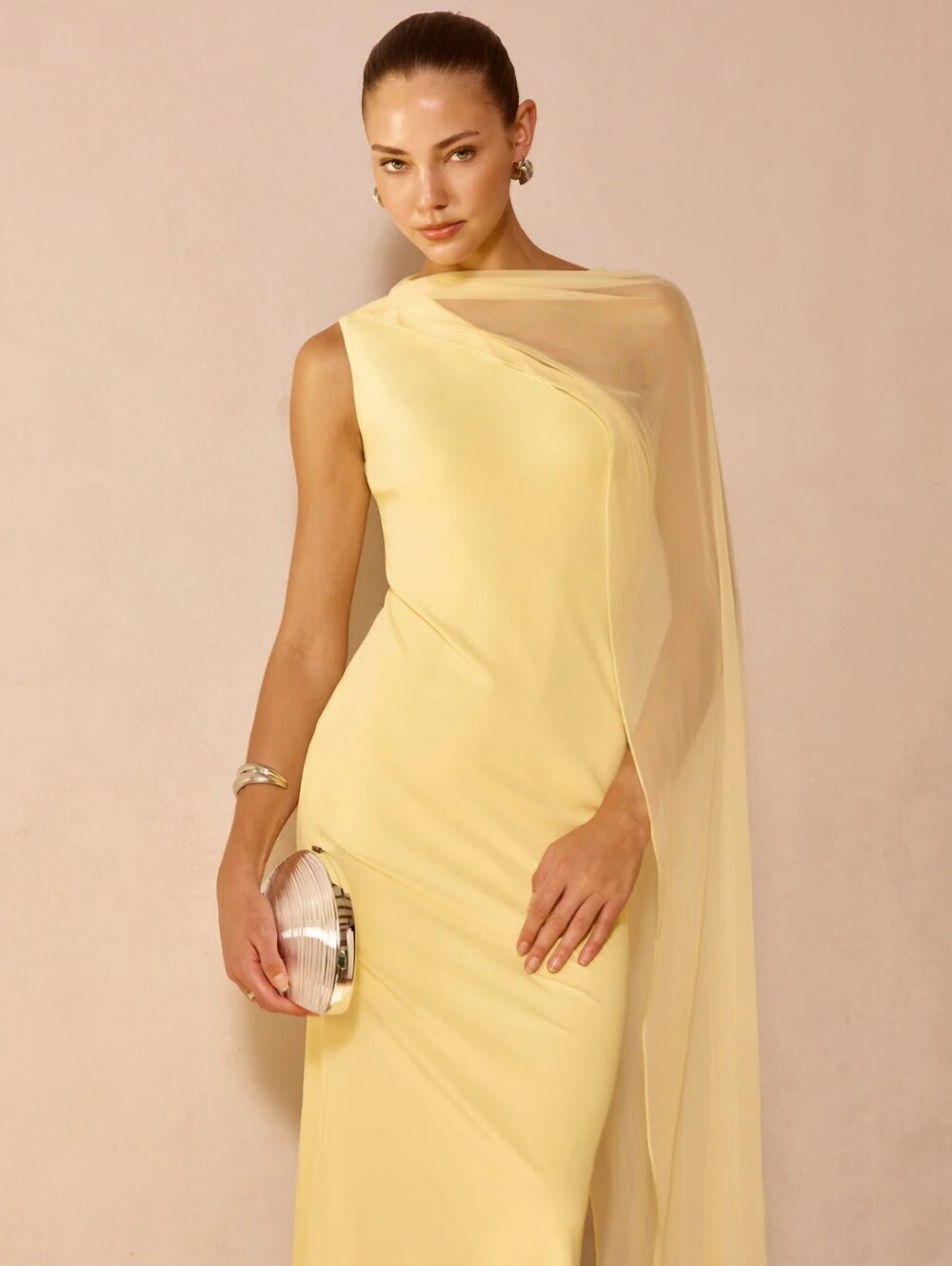 Commense Light Yellow Sheer Drape Slim Maxi Dress Size M - Picture 1 of 3